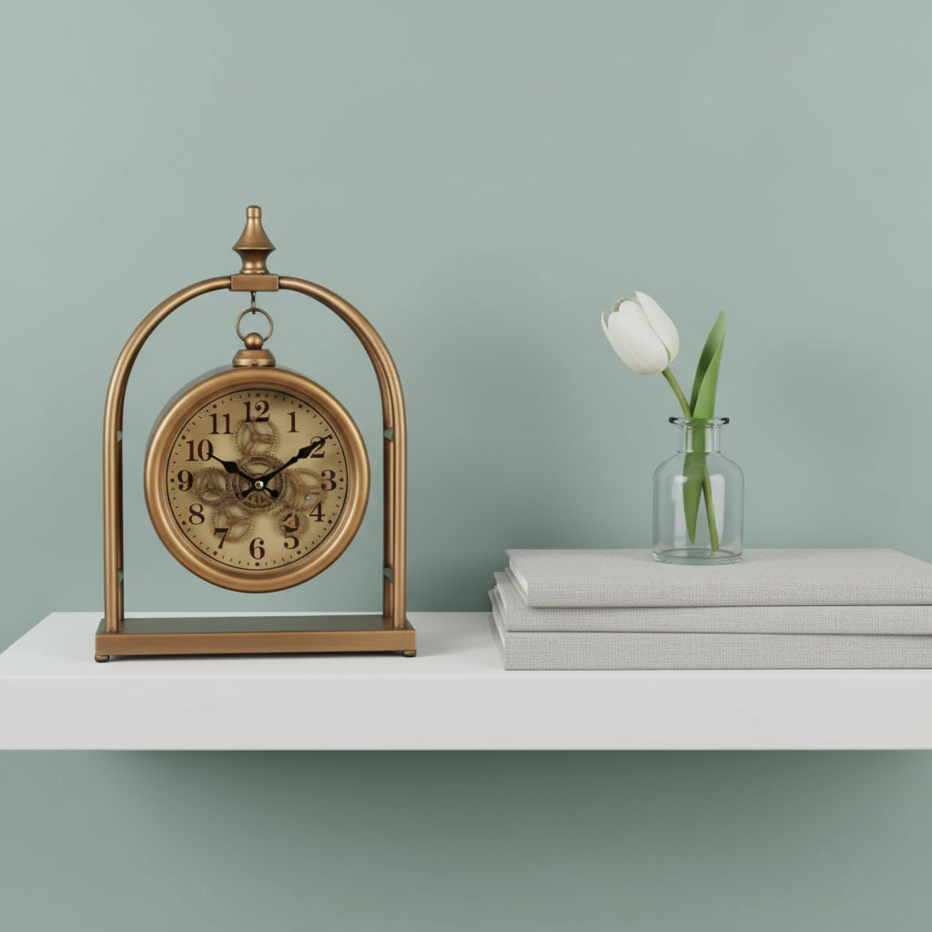 Basil Bedside Table Clock Exposed Gear Movement Clock Gold