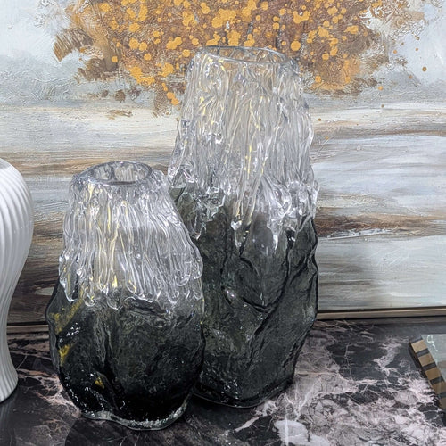 Artisan Hand Blown Smoked Glass Vase Set on textured surface with unique Rook pattern in clear and charcoal glass, showcasing exquisite craftsmanship.