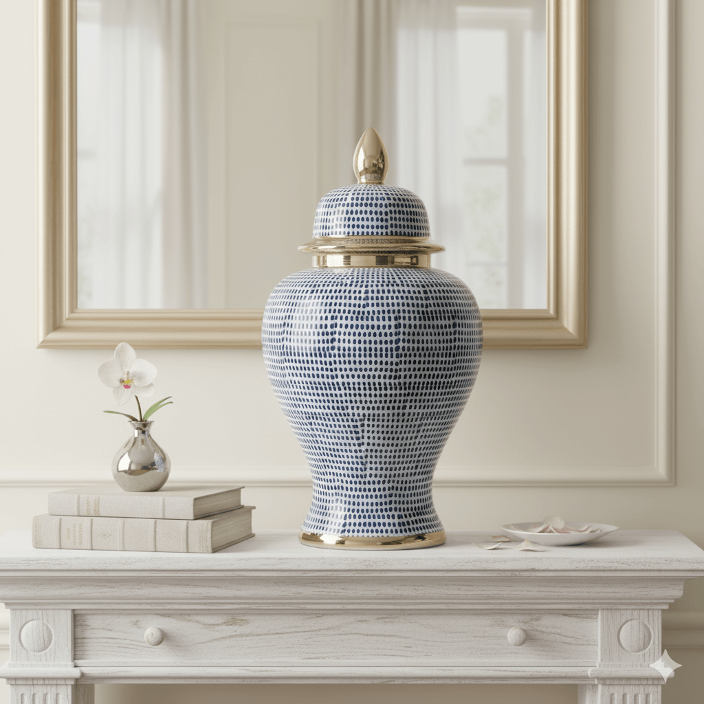 Hamptons Style Blue Dot Ceramic Temple Jar