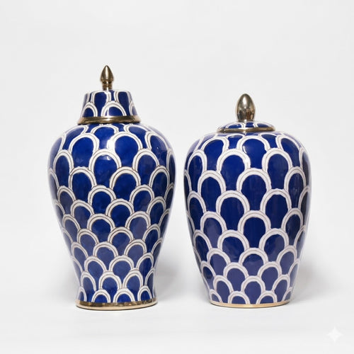 Imperial Blue Scalloped Ceramic Ginger Jars