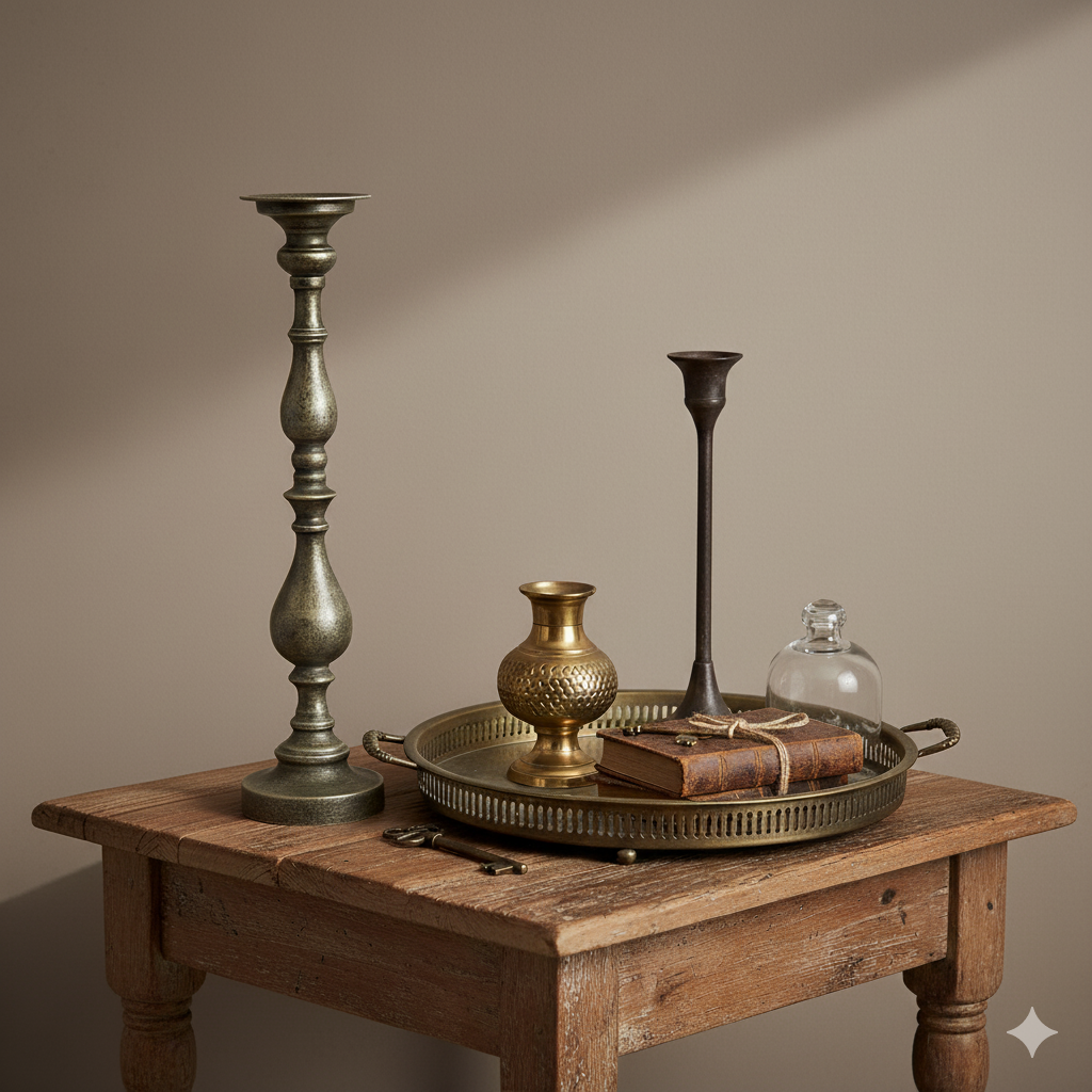 Tall Antique Aged Rustic Gold Metal Candle Holder