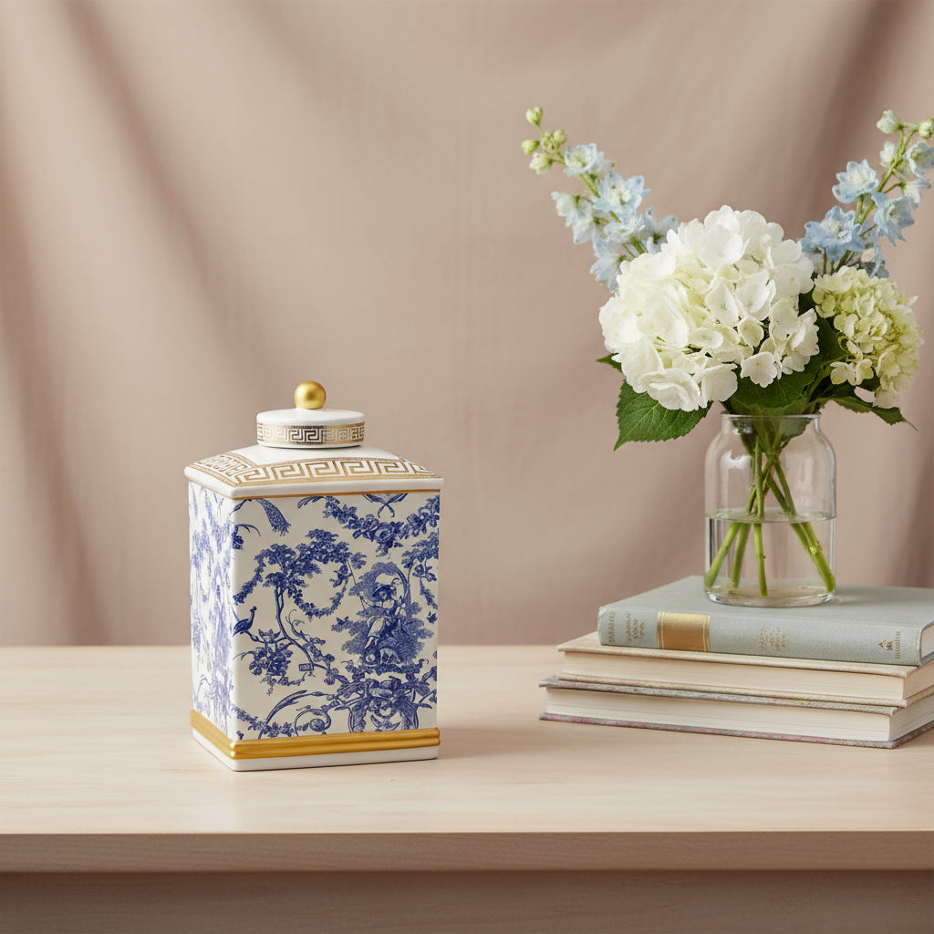 Bali Ceramic Jar - Blue, White & Gold Chinoiserie Lid
