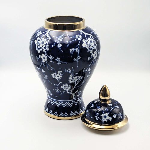 Cherry Blossom Ceramic Jar With Lid Navy Blue Luxury Co