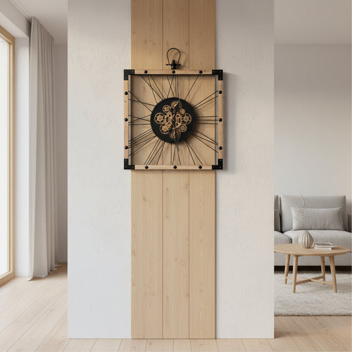65cm Square Industrial Moving Gear Wall ClockTransform your space with our 65cm Gear Wall Clock. Witness the beauty of real moving gears. Perfect blend of industrial and Art Deco design.