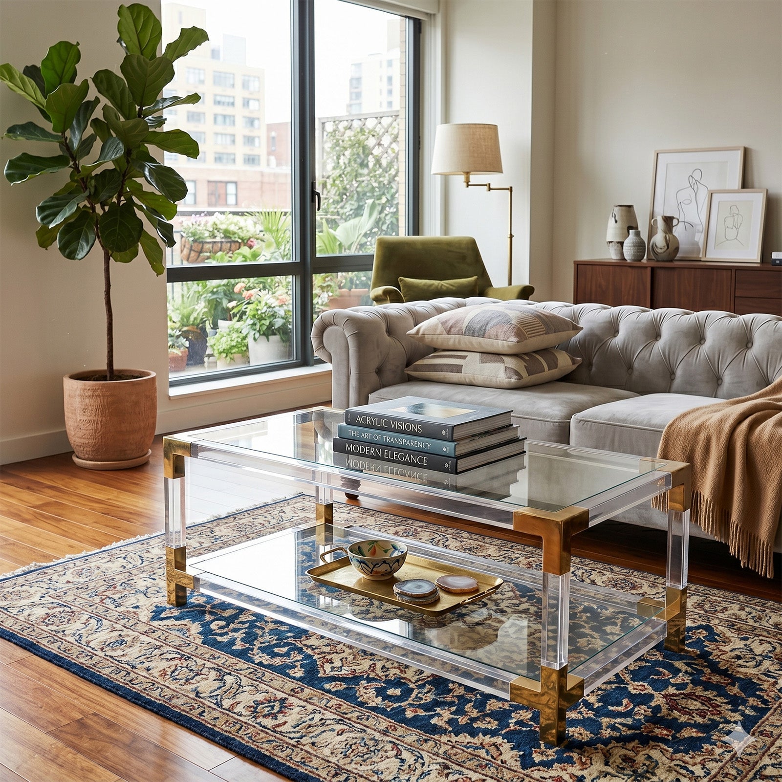The Claridge Clear Acrylic Modern Coffee Table Gold Accents