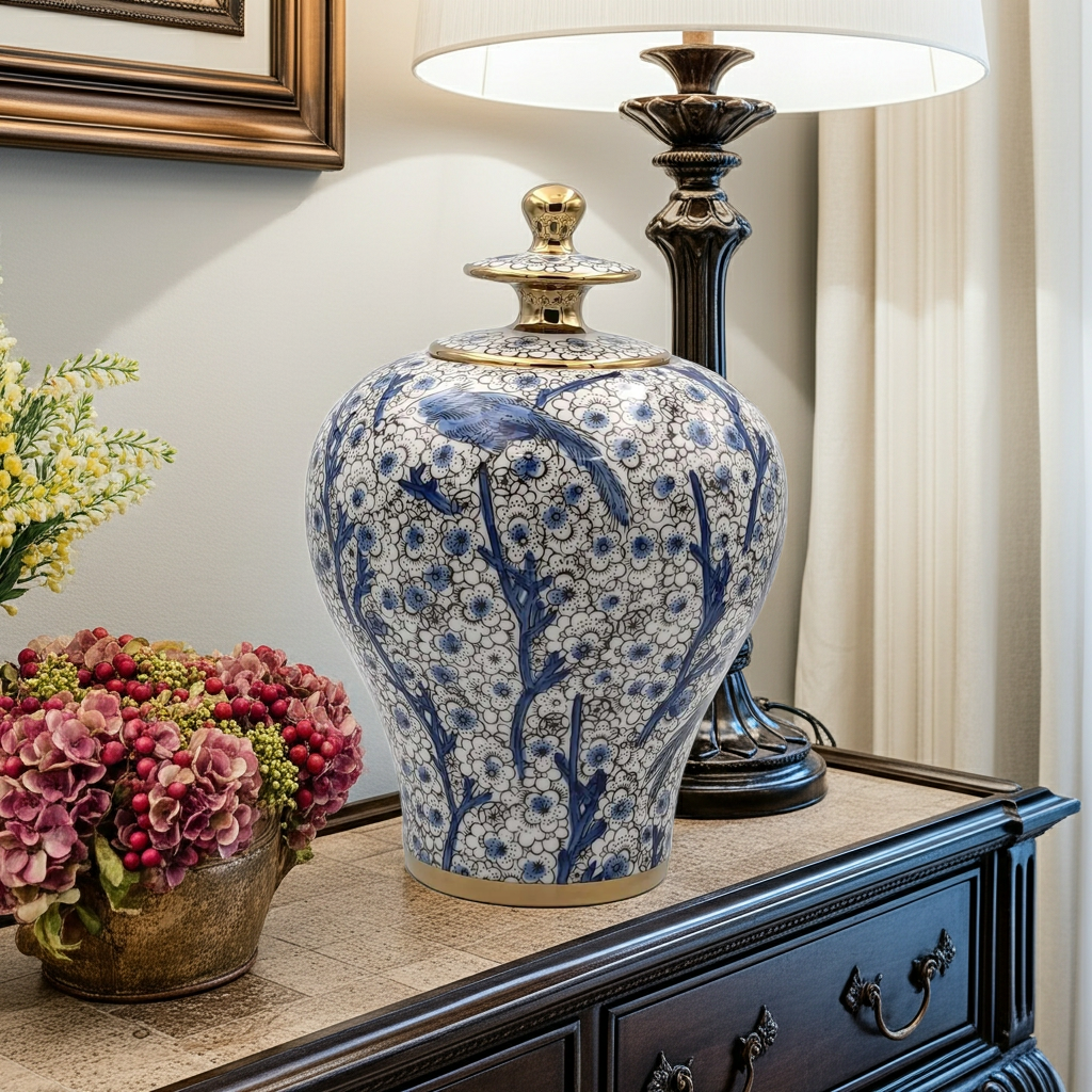 Blue Bird Ginger Jar Hand-Painted Gold Accents 30cm