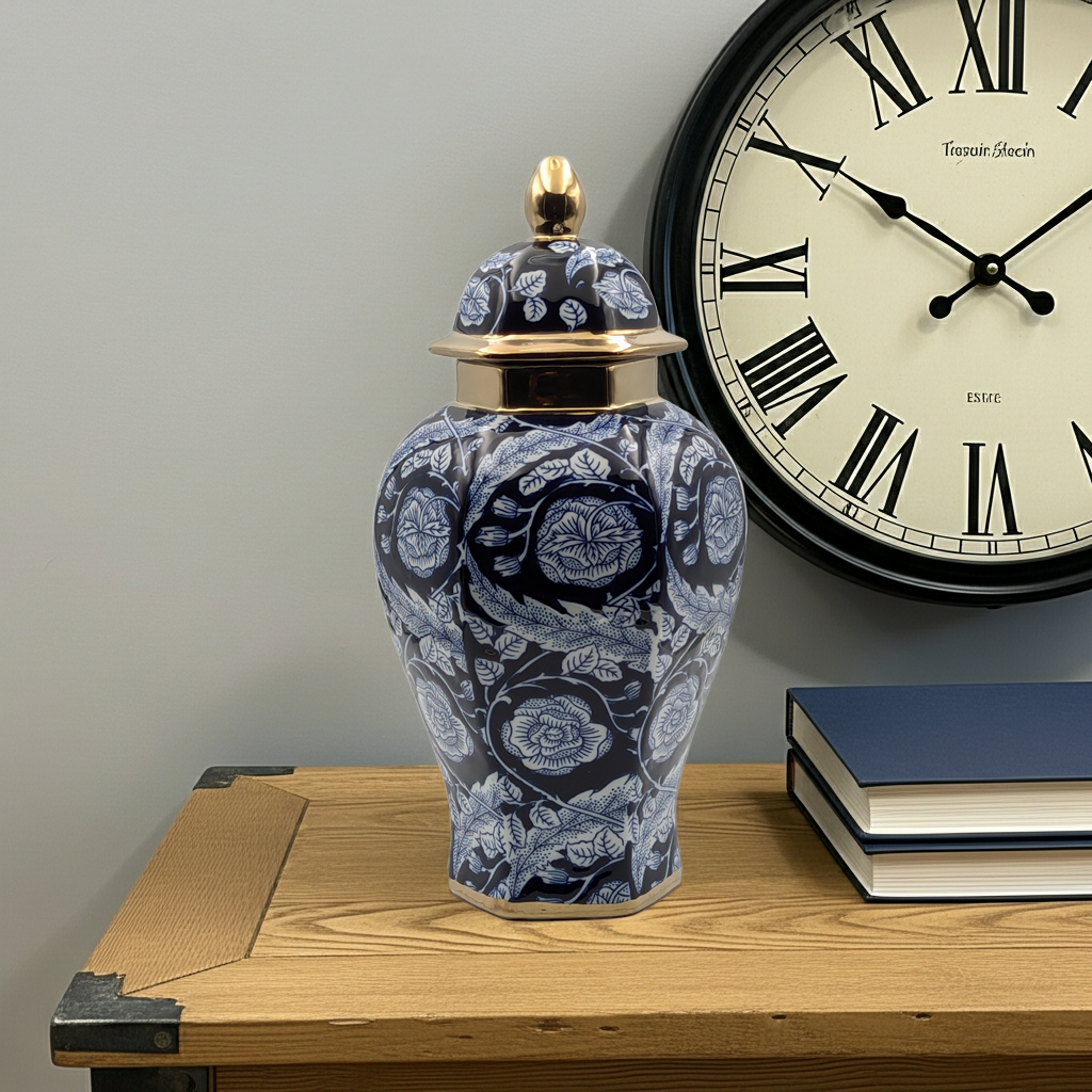 Floral Temple Jar  Luxury Navy Gold Ceramic Jar with Lid - 36cm