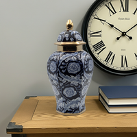Floral Temple Jar  Luxury Navy Gold Ceramic Jar with Lid - 36cm