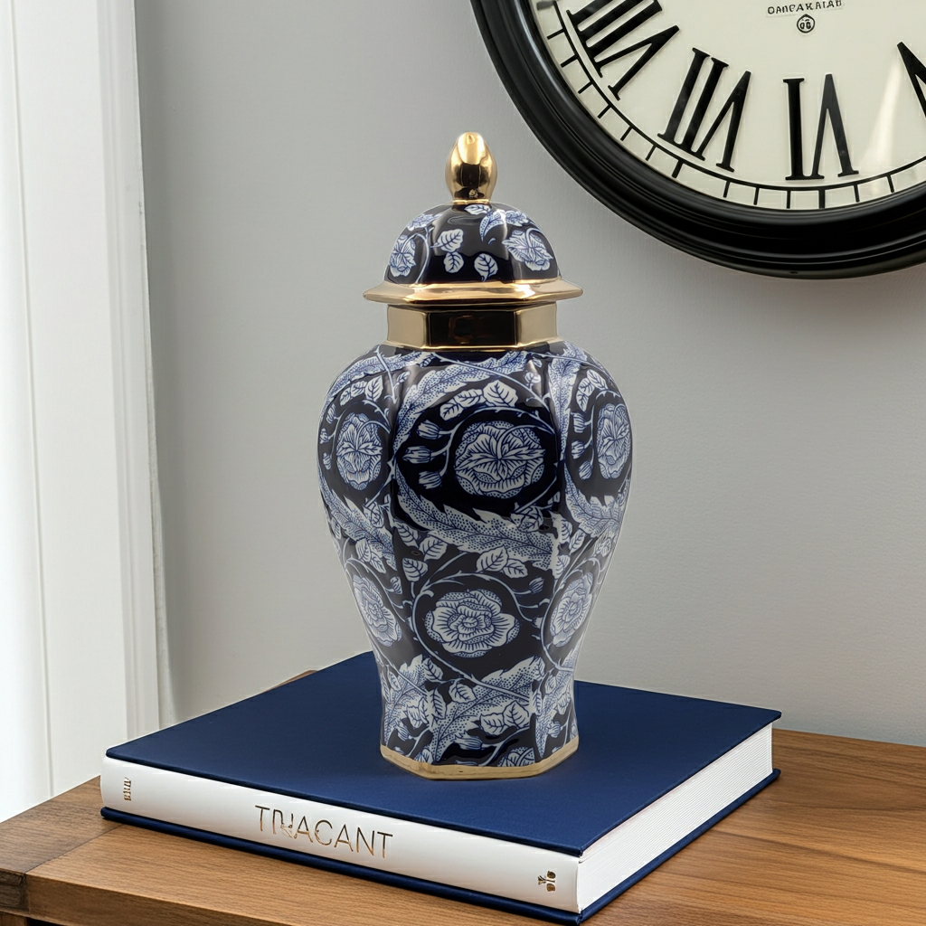 Floral Temple Jar  Luxury Navy Gold Ceramic Jar with Lid - 36cm