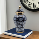 Floral Temple Jar  Luxury Navy Gold Ceramic Jar with Lid - 36cm