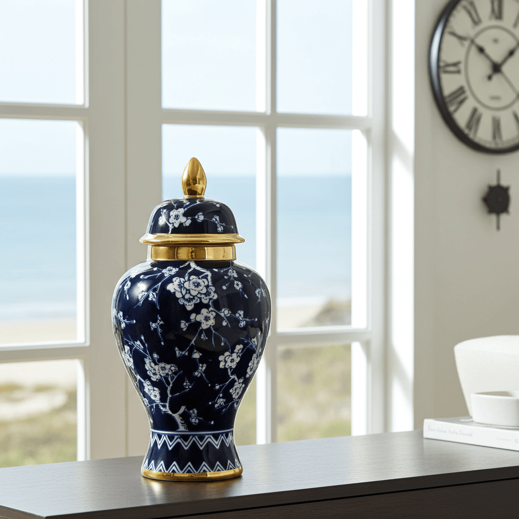 Chic Navy Gold Blossom Ceramic Ginger Jar