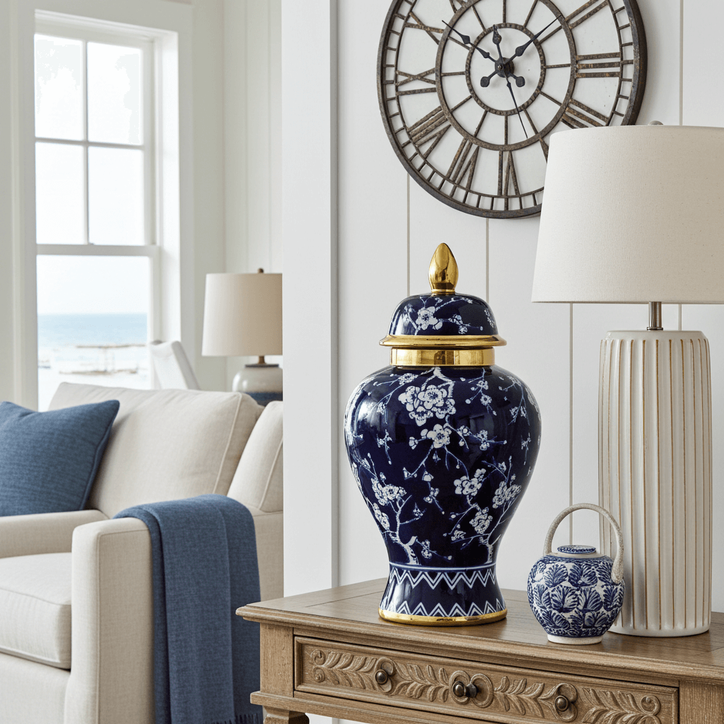 Chic Navy Gold Blossom Ceramic Ginger Jar