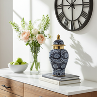 Floral Temple Jar  Luxury Navy Gold Ceramic Jar with Lid - 36cm