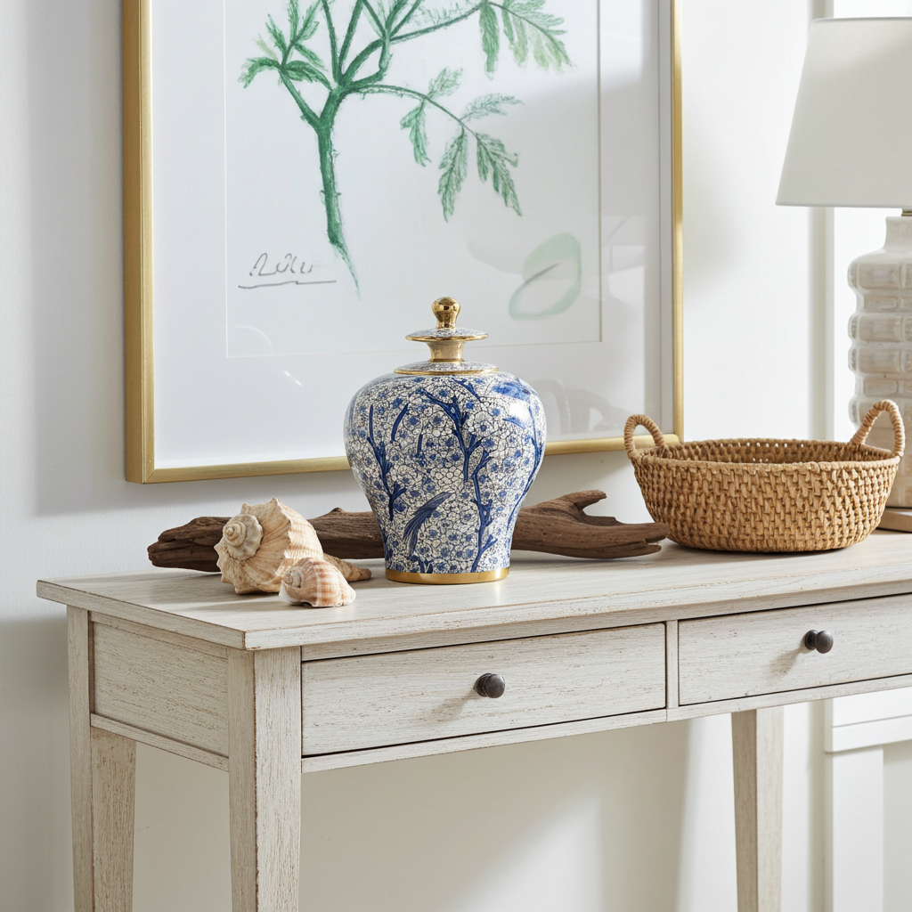 Blue Bird Ginger Jar Hand-Painted Gold Accents 30cm