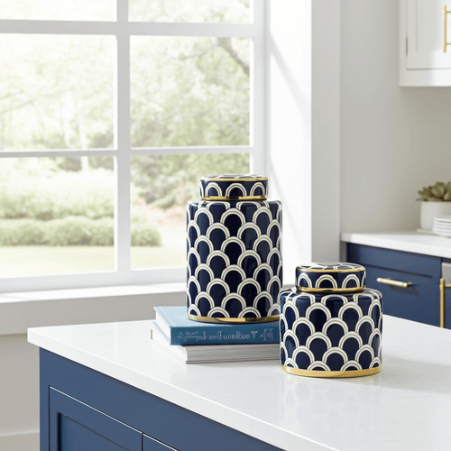Coastal Navy Gold Scallop Jar Set on kitchen counter, featuring navy, white, and gold design with intricate scallop pattern for luxury decor.