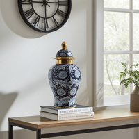 Floral Temple Jar  Luxury Navy Gold Ceramic Jar with Lid - 36cm