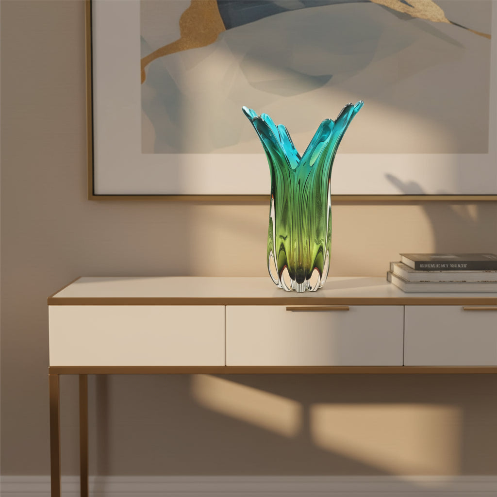 Murano Style Vase Elegant Tall Vase Blue Yellow