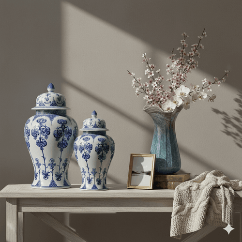 Hand-Painted Blue White Ginger Jar Set