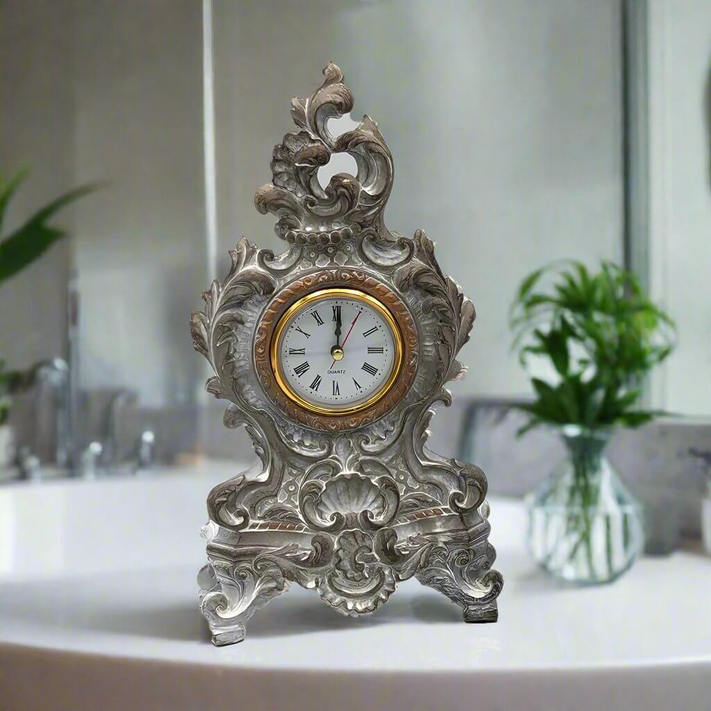 French Baroque Table Clock Vintage White/Gray