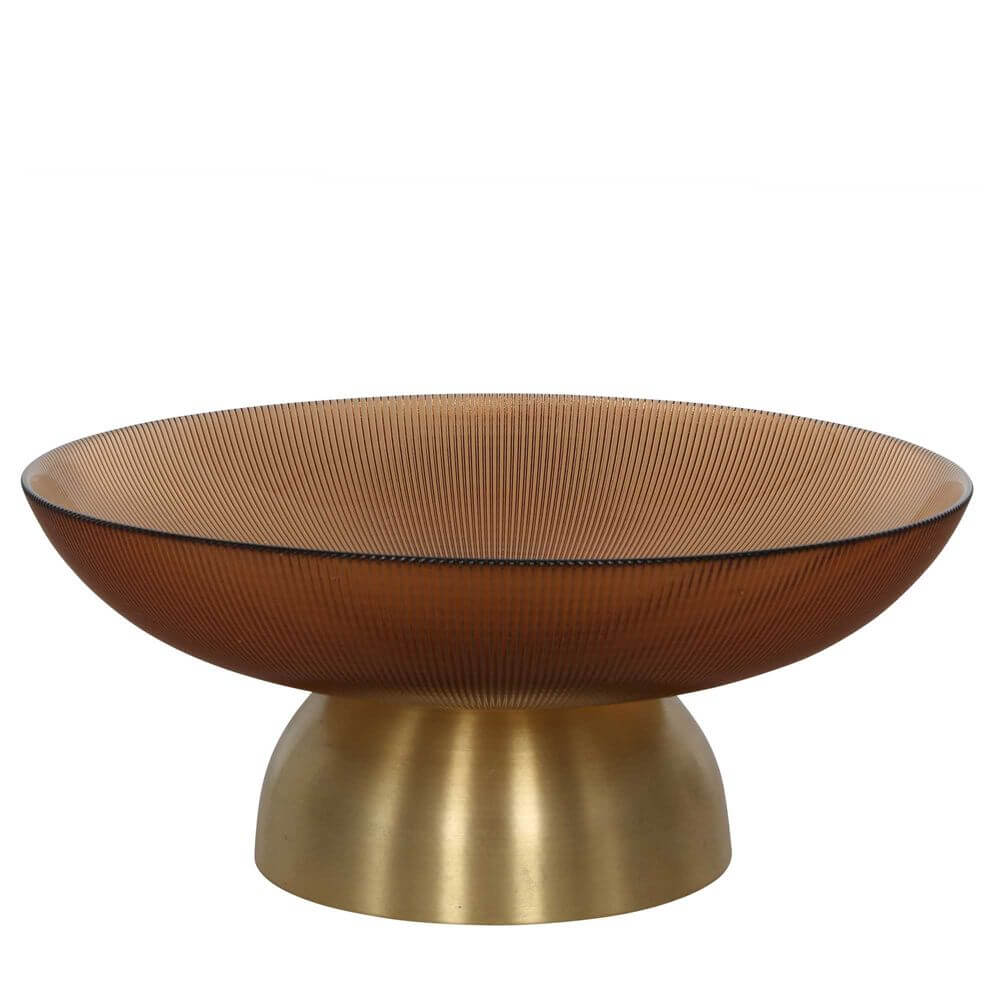 Gable Glass Footed Bowl Large Brown Glass/Brass Luxury Co