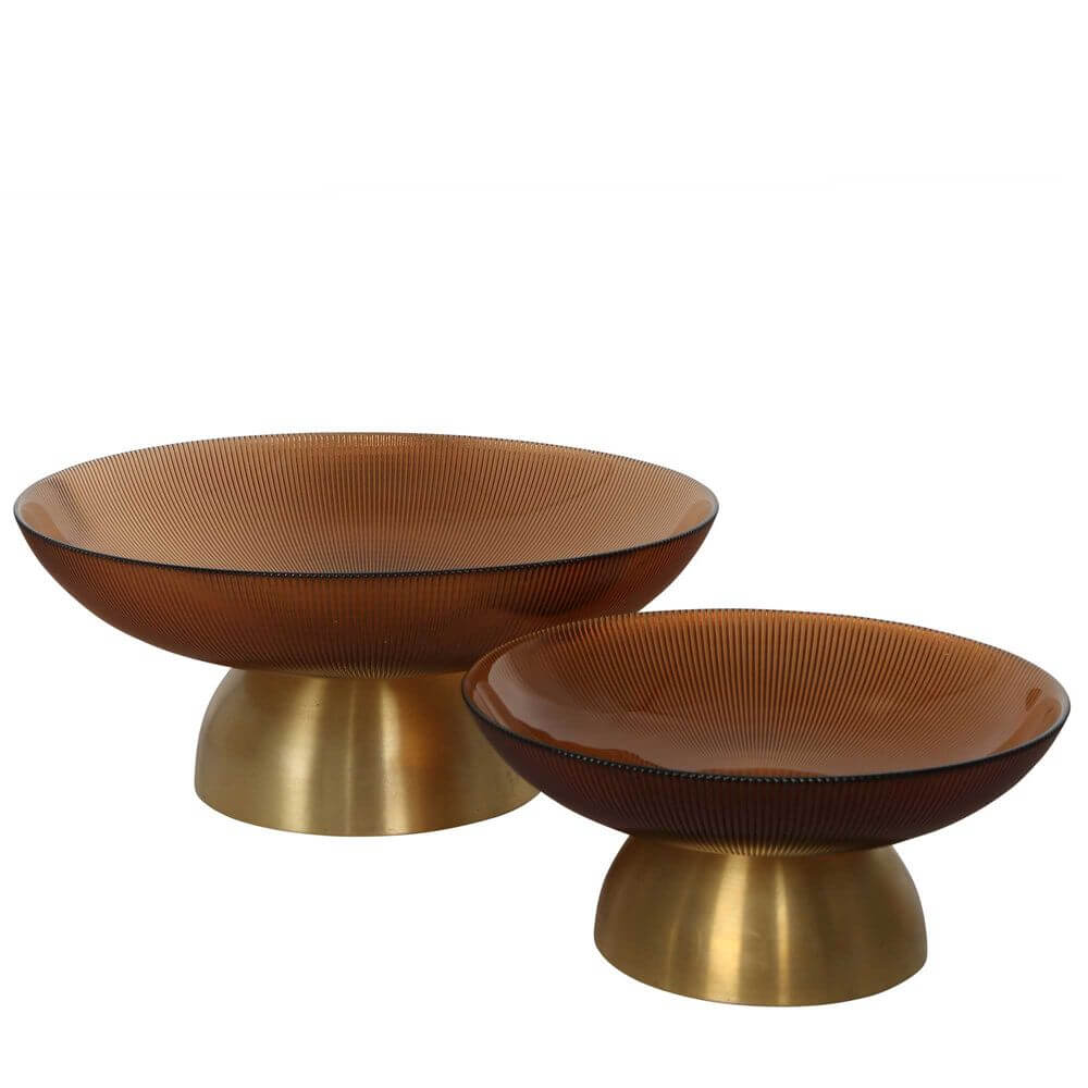 Gable Glass Footed Bowl Large Brown Glass/Brass Luxury Co