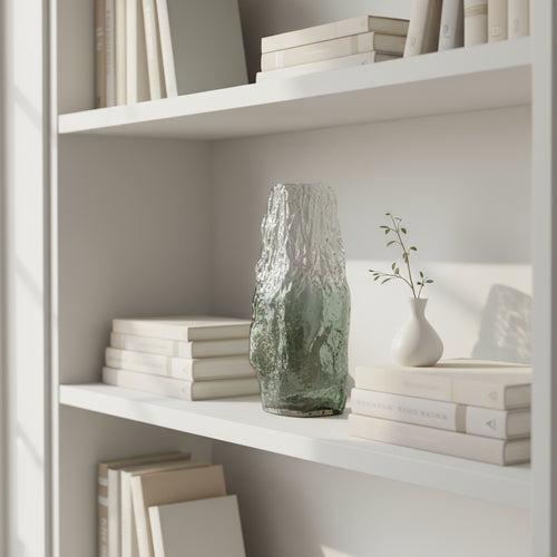 Clear glass sculpture on a white background