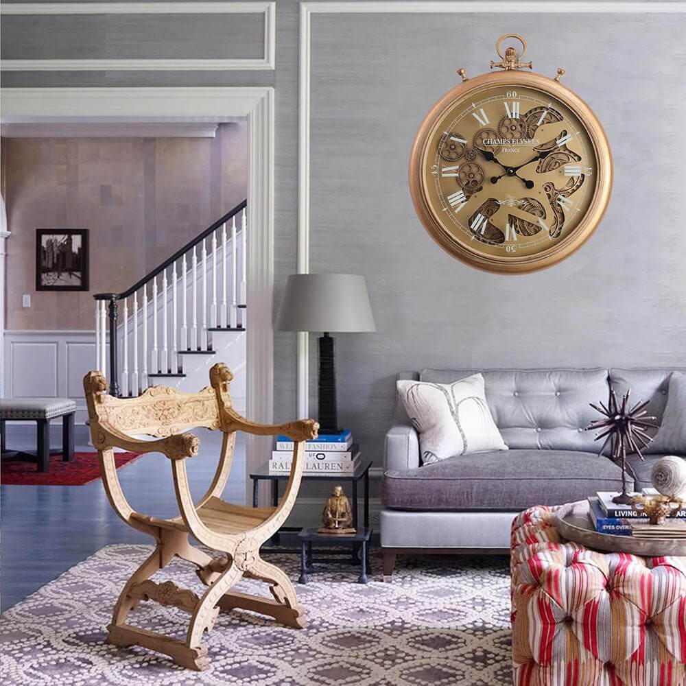 Gold Chronograph Metal Wall Clock - 62cm Moving Gears