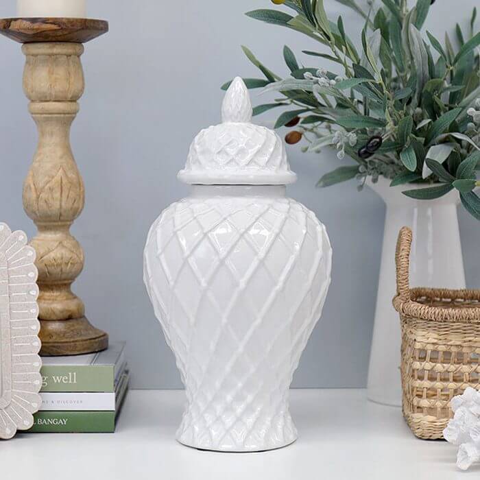 White Hamptons Diamond Temple Jar - 46cm Ceramic Decor