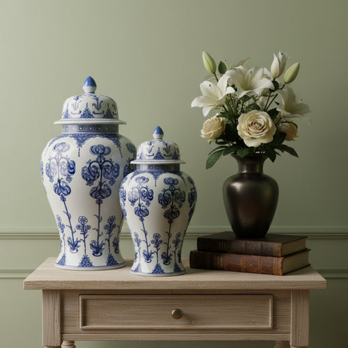 Timeless Blue White Ginger Jar Greek Key with floral pattern on wood table beside flowers in vase
