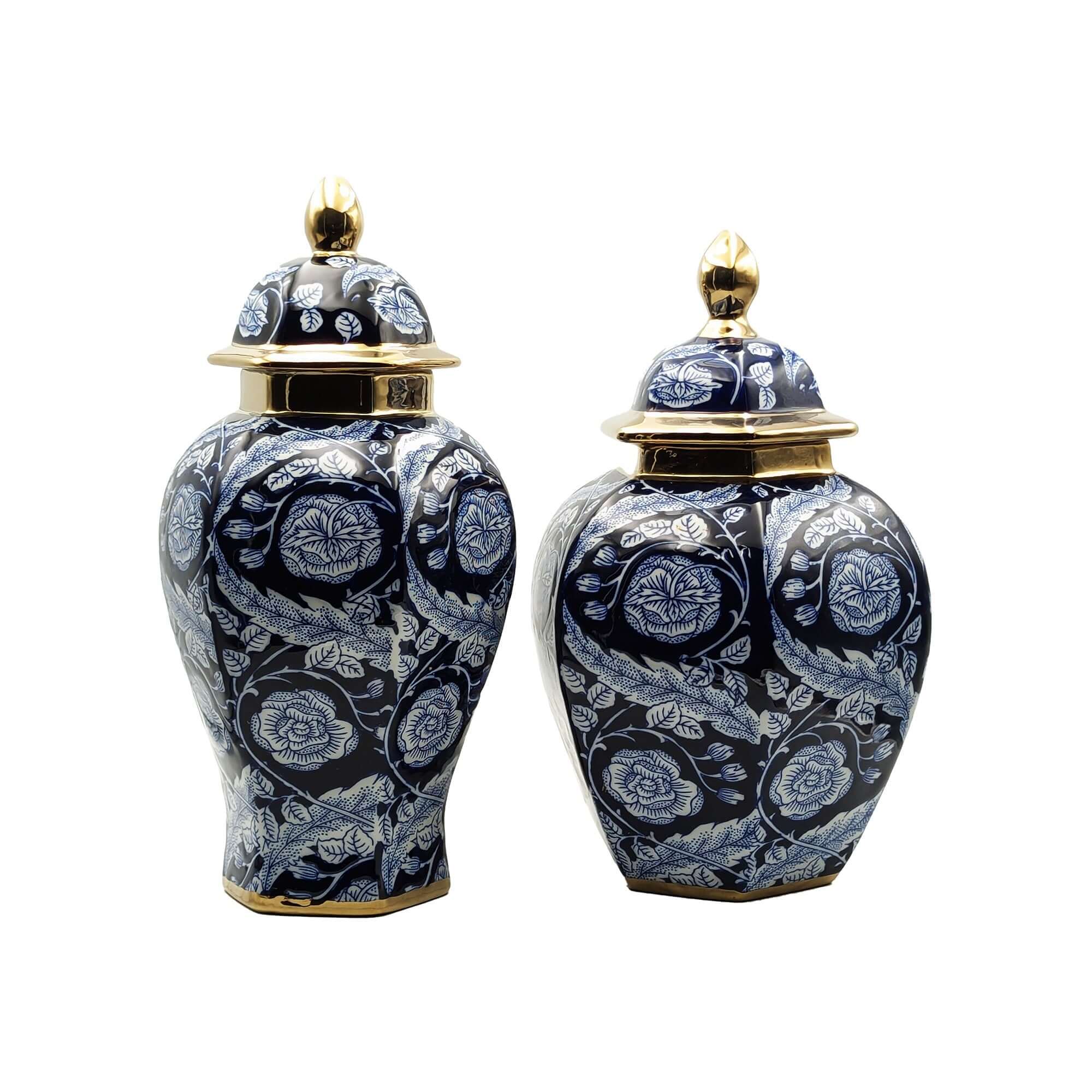 Hand - Painted Floral Temple Jar - Blue & Gold Luxury Co