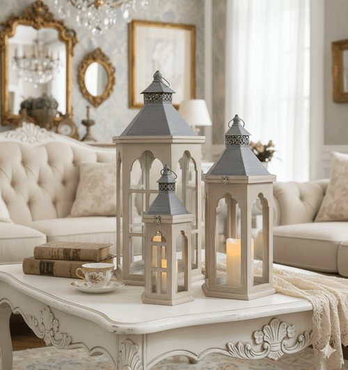 Rustic Wood Lantern Set Metal Accent on elegant living room table with candles inside