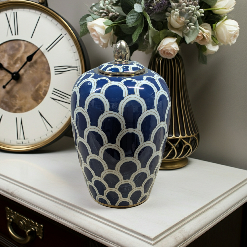 Navy White and Gold Ceramic Decorative Urn