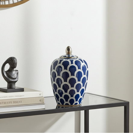 Navy White and Gold Ceramic Decorative Urn