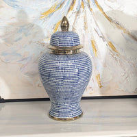 Ceramic Temple Jar - Blue, White & Gold Hamptons Style