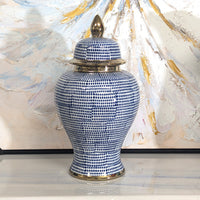 Ceramic Temple Jar - Blue, White & Gold Hamptons Style