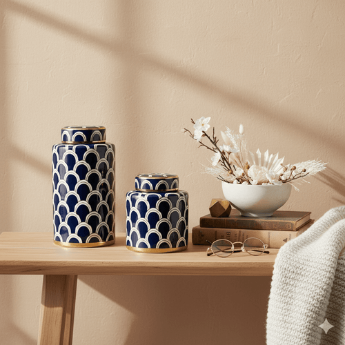 Coastal Navy Gold Scallop Jar Set on wooden table with decorative accents, showcasing elegant ceramic design and intricate scallop pattern.