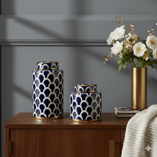 Coastal Navy Gold Scallop Jar Set on wooden console, featuring elegant navy, white, and gold scallop pattern, ideal for luxury home décor.