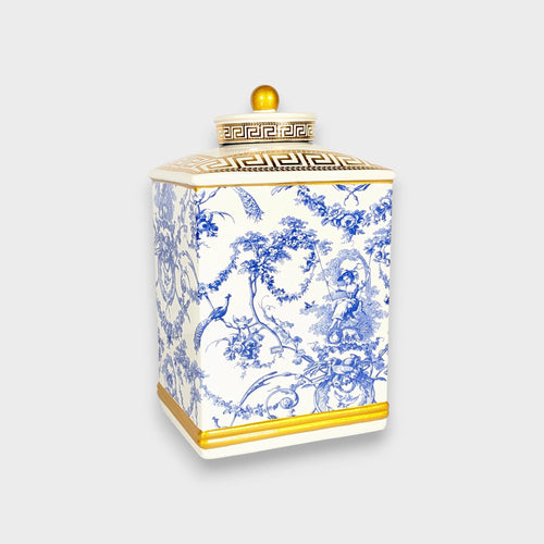 French Toile Blue and White Ceramic Ginger Jar Set