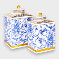 French Toile Blue and White Ceramic Ginger Jar Set