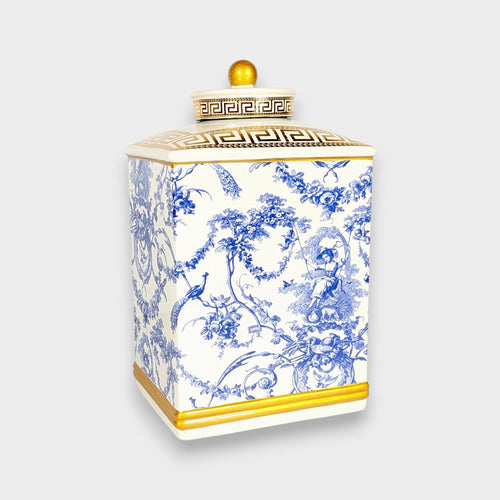 French Toile Blue and White Ceramic Ginger Jar Set