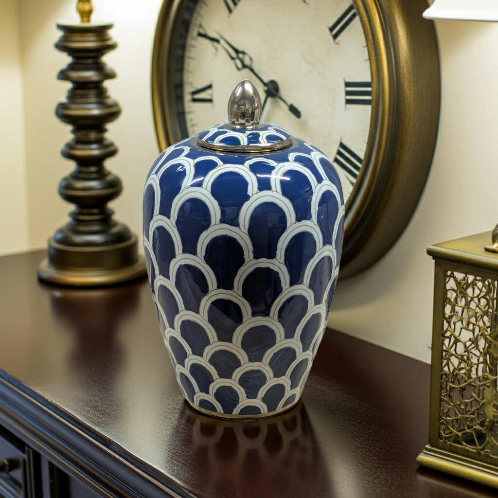 Navy White and Gold Ceramic Decorative Urn