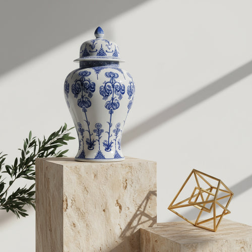 Timeless Blue White Ginger Jar Greek Key with floral pattern and Greek key motif on white ceramic, perfect for traditional decor