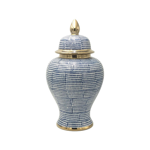 Lux Blue Gold White Ceramic Temple Jar with Lid - 40cm, Luxury Co