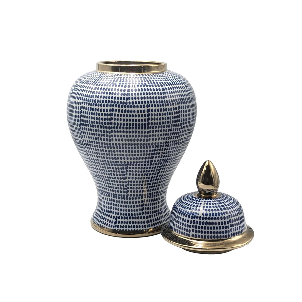 Ceramic Temple Jar - Blue, White & Gold Hamptons Style