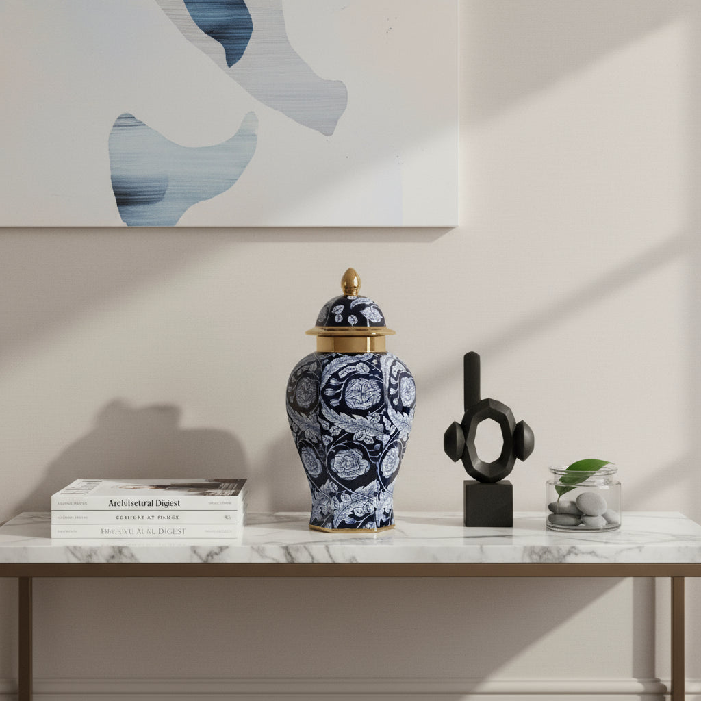 Luxury Navy Blue Floral Temple Jar with Lid Luxury Co