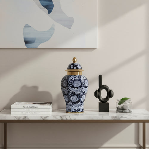 Luxury Navy Blue Floral Temple Jar with Lid Luxury Co