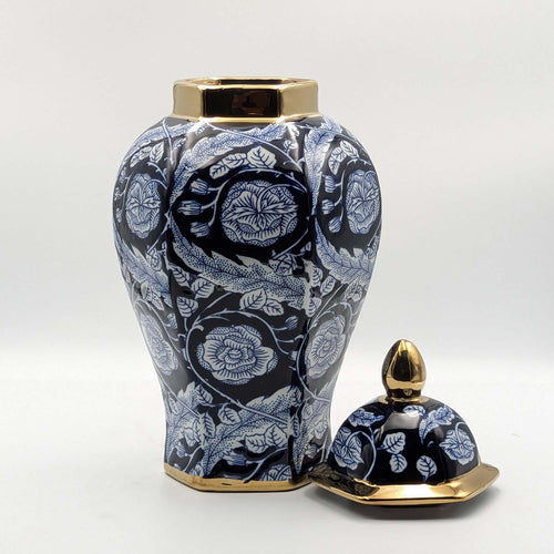 Luxury Navy Blue Floral Temple Jar with Lid Luxury Co