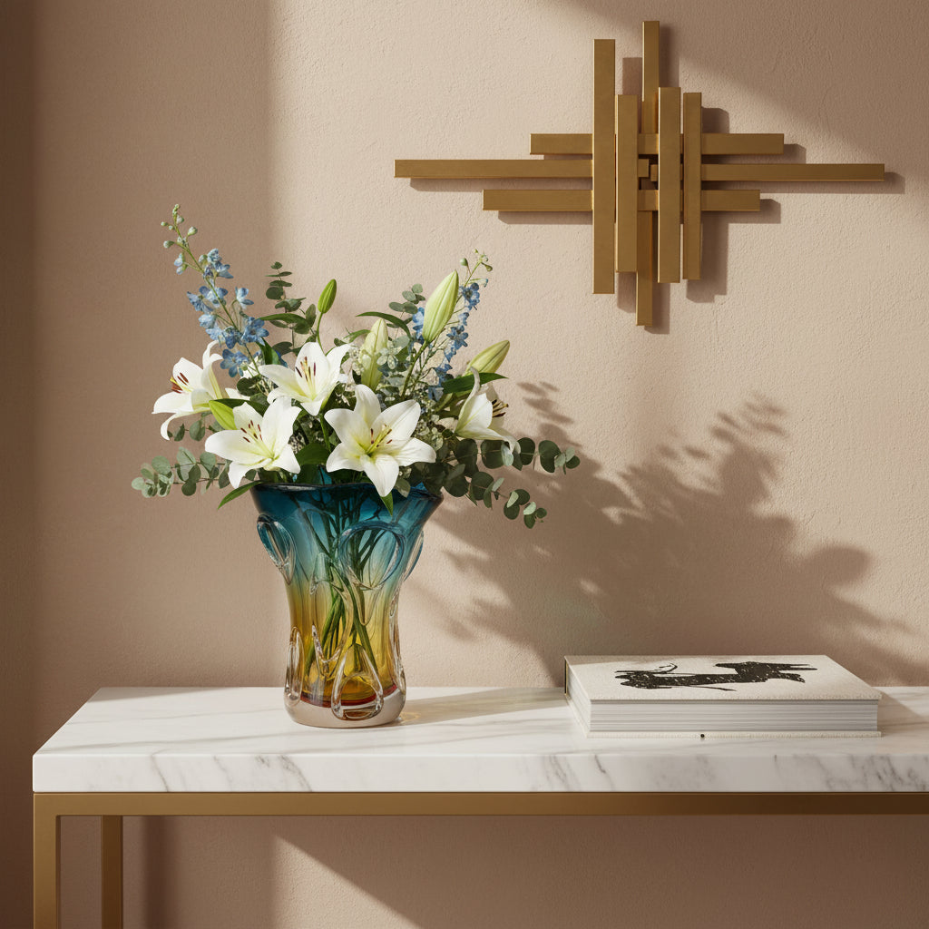 Boho Glass Vase Hand Blown – 27cm Blue & Yellow Murano Art Style