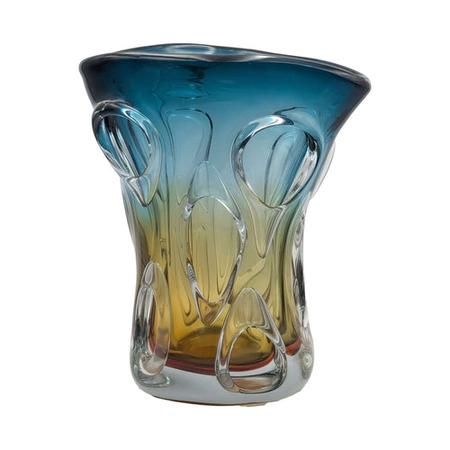 Boho Hand Blown Glass Vase – 27cm Blue & Yellow Murano Art StyleLuxury Coglass Vase