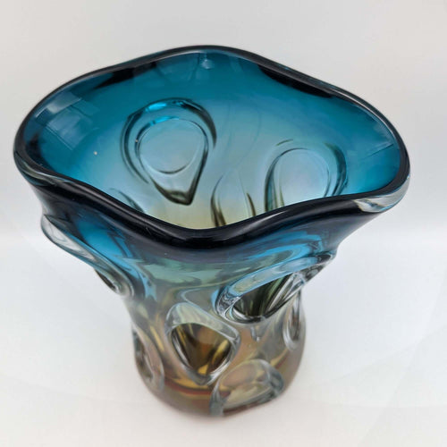 Boho Hand Blown Glass Vase – 27cm Blue & Yellow Murano Art StyleLuxury Coglass Vase